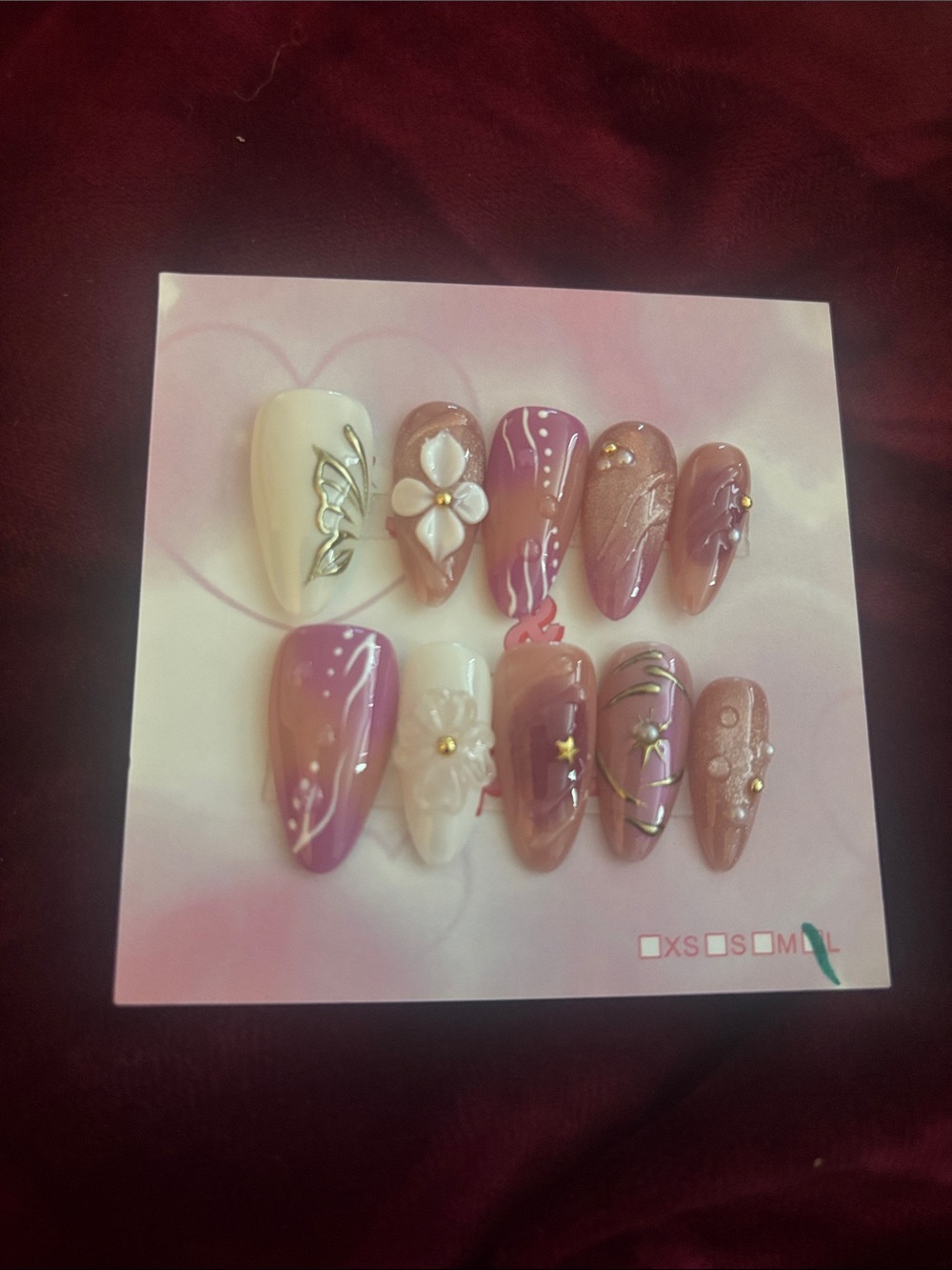 Handmade Purple & White Press-On Nail Set with Floral Accents